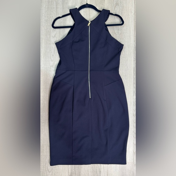 EUC NY&Co. Navy Blue Pleated Neck Sleeveless Dress Size S. Back Silver Full Zip - Picture 6 of 9